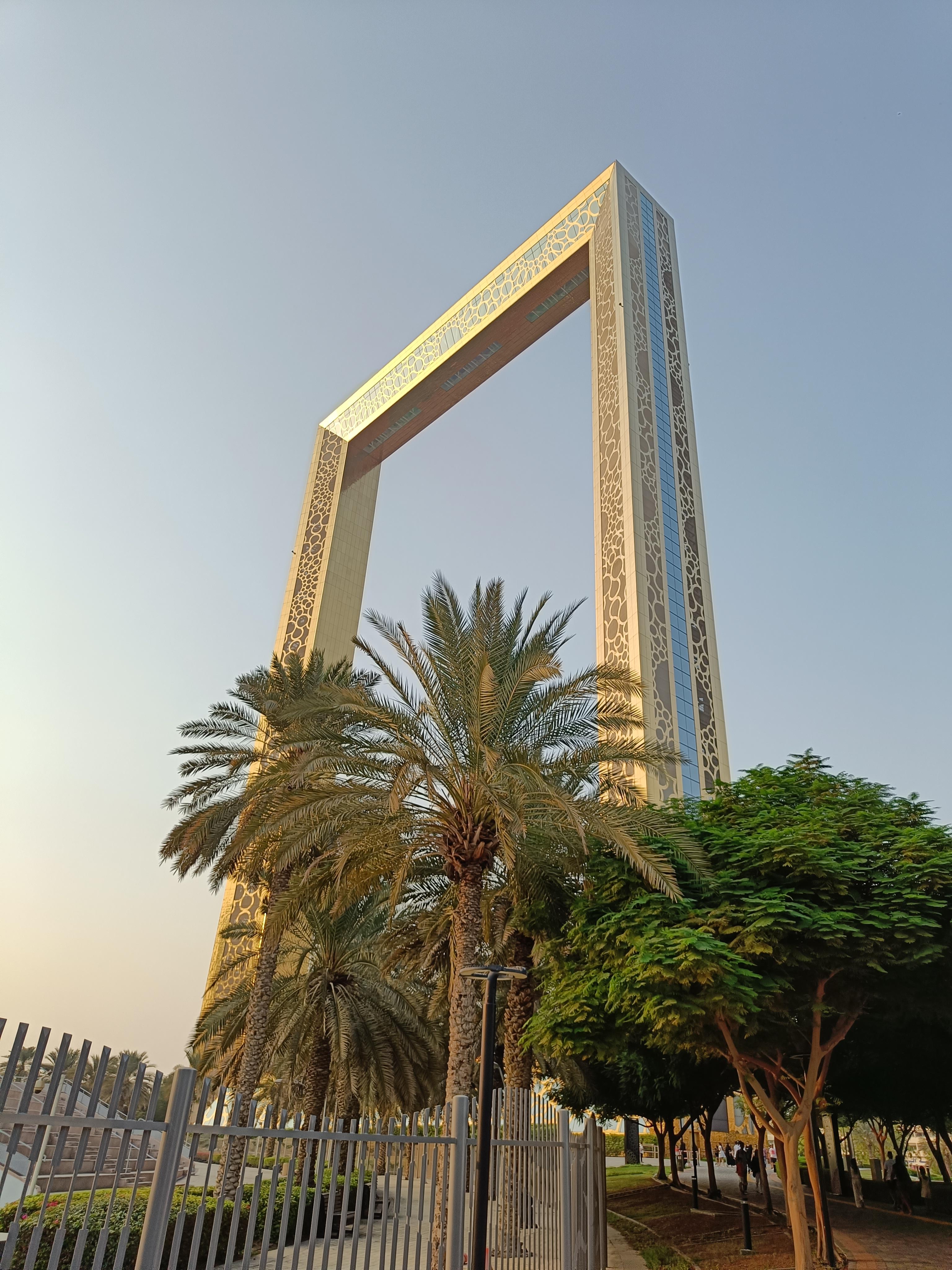 Dubai Frame iconic golden rectangular landmark - 150-meter tall frame structure connecting old and new Dubai